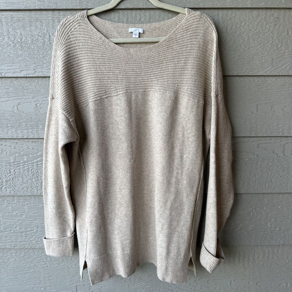 J. Jill Sweater Womens Medium Beige Cotton Blend Knitted Scoop Neck Long Sleeve